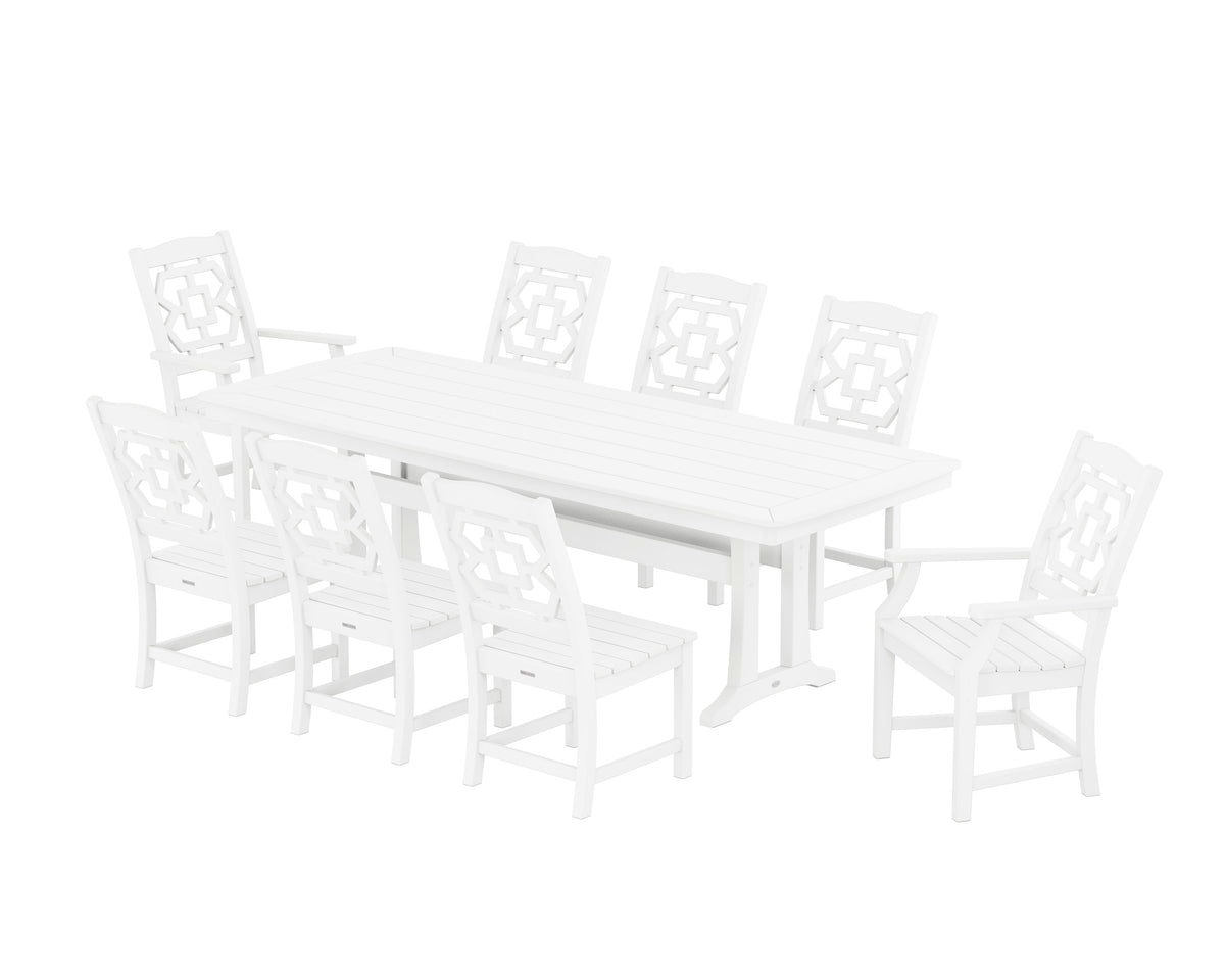POLYWOOD Chinoiserie 9-Piece Dining Set with Trestle Legs in White