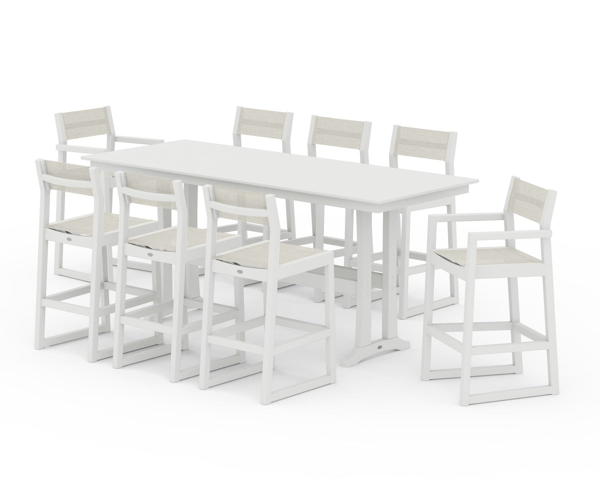 POLYWOOD EDGE Sling 9-Piece Farmhouse Bar Set with Trestle Legs in Vintage White / Parchment