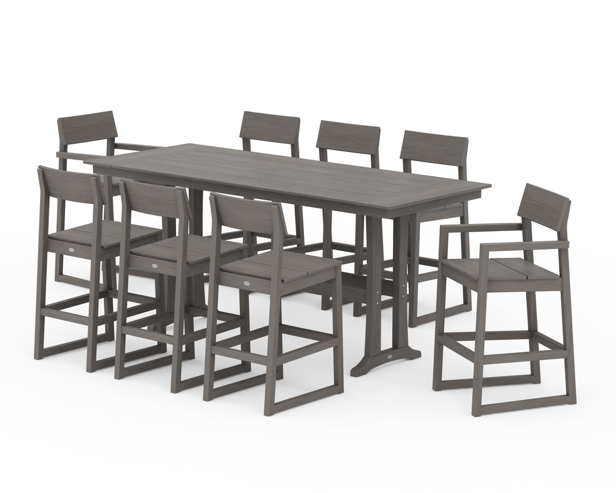 POLYWOOD EDGE 9-Piece Farmhouse Bar Set with Trestle Legs in Driftwood