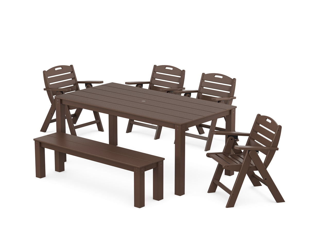 POLYWOOD Nautical Folding Lowback Chair 6-Piece Parsons Dining Set with Bench in Mahogany