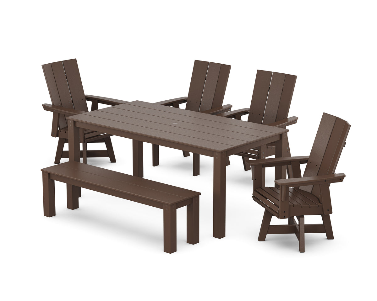 POLYWOOD Modern Curveback Adirondack 6-Piece Parsons Swivel Dining Set with Bench in Mahogany