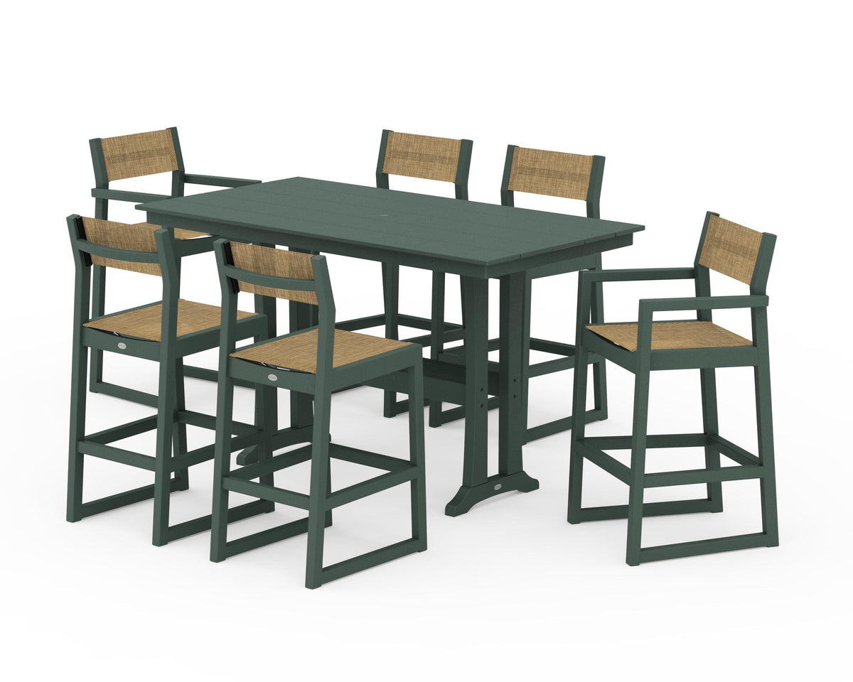 POLYWOOD EDGE Sling 7-Piece Farmhouse Bar Set with Trestle Legs in Green / Burlap