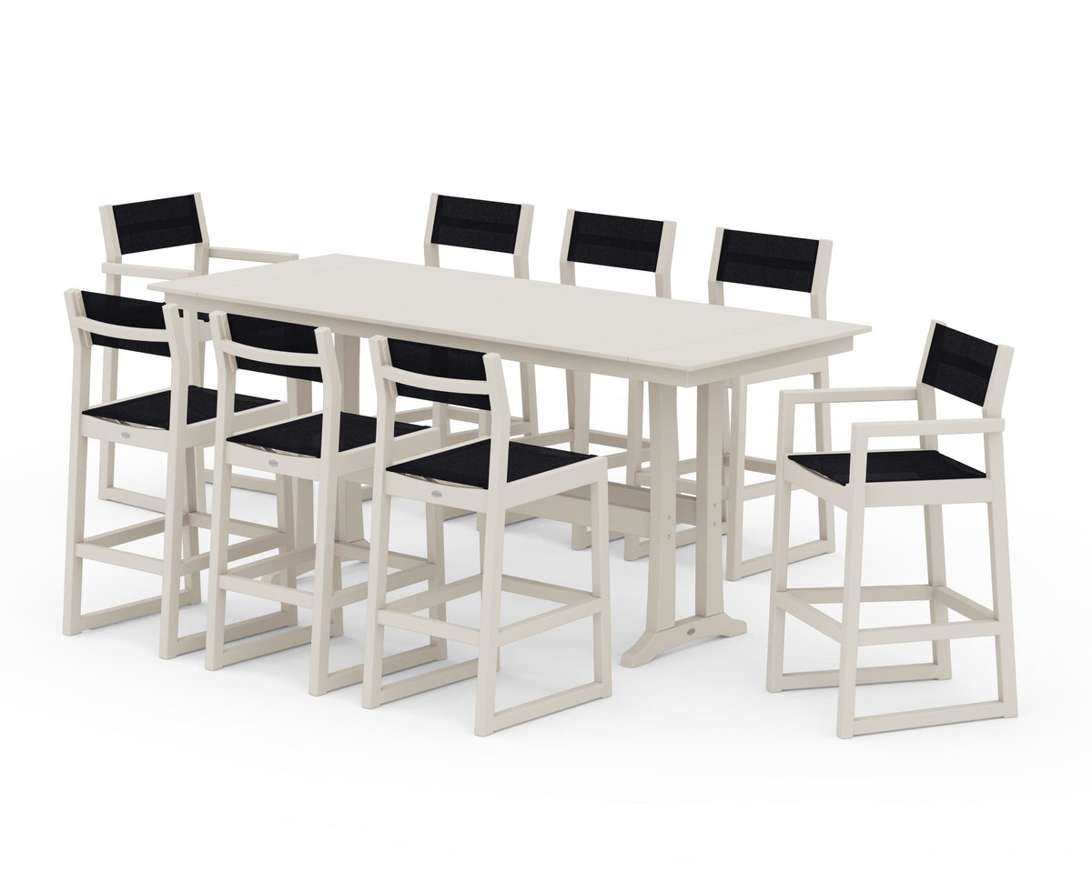 POLYWOOD EDGE Sling 9-Piece Farmhouse Bar Set with Trestle Legs in Sand / Black