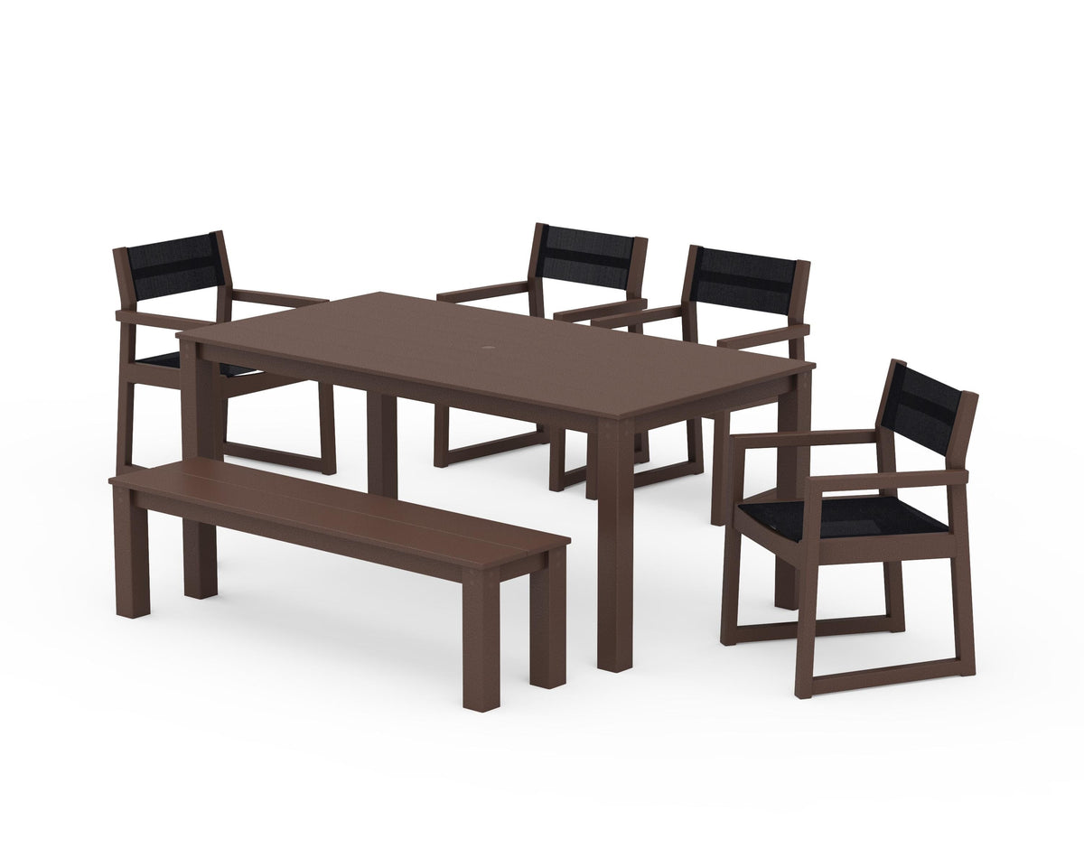 POLYWOOD EDGE Sling Arm Chair 6-Piece Parsons Dining Set with Bench in Mahogany / Black