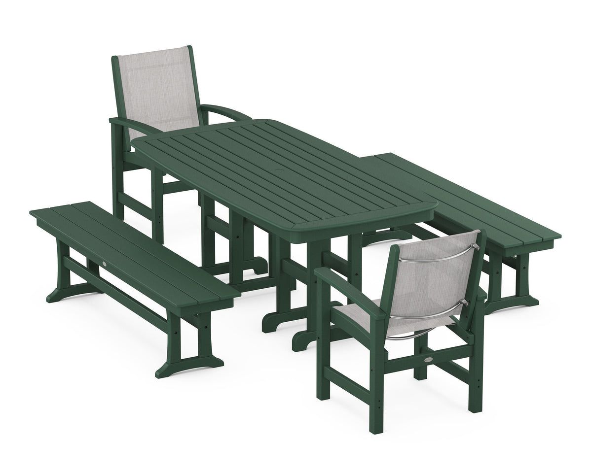 POLYWOOD Coastal 5-Piece Dining Set with Nautical 37" x 72" Dining Table in Green / Parchment