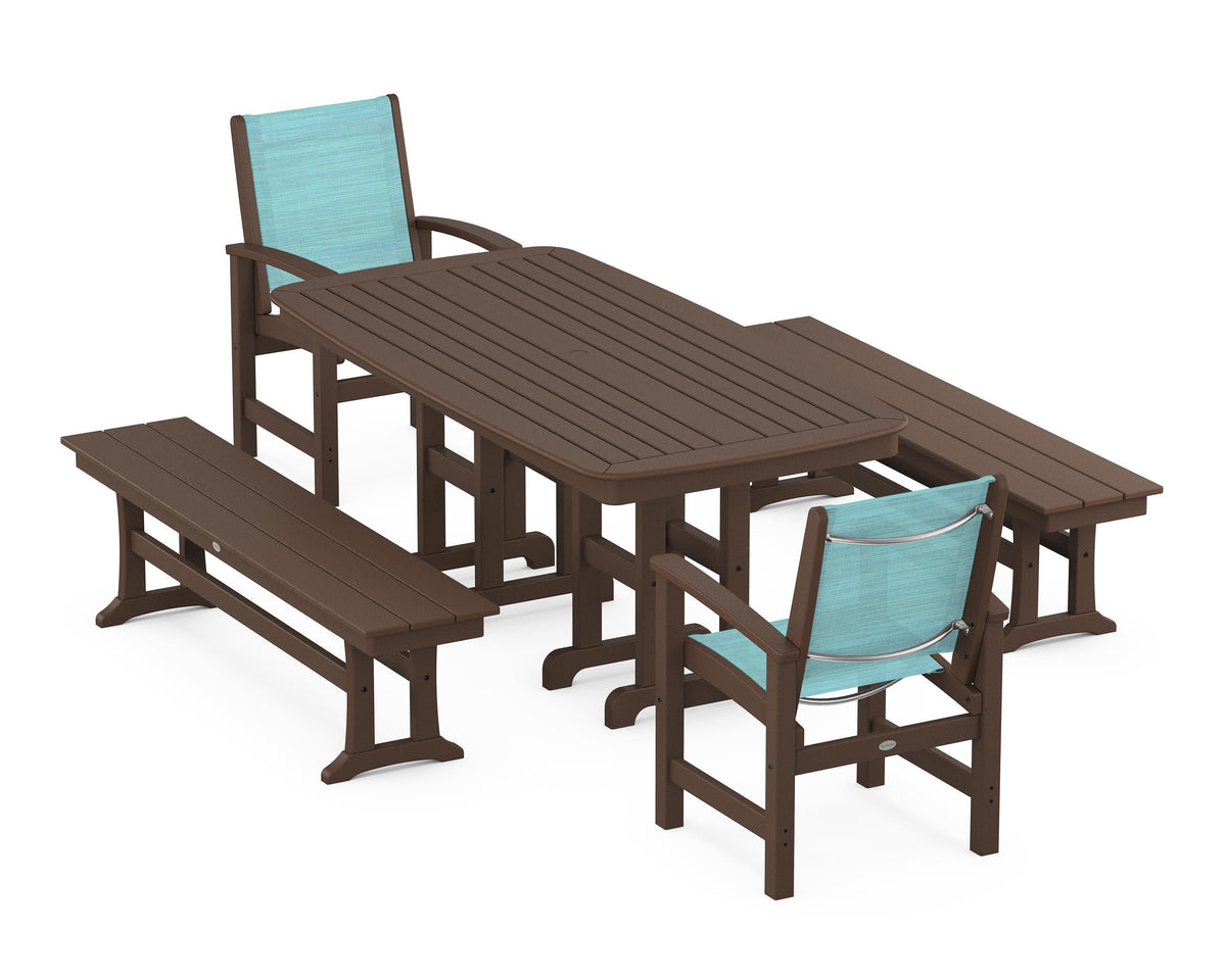 POLYWOOD Coastal 5-Piece Dining Set with Nautical 37" x 72" Dining Table in Mahogany / Dupioni Aquamarine