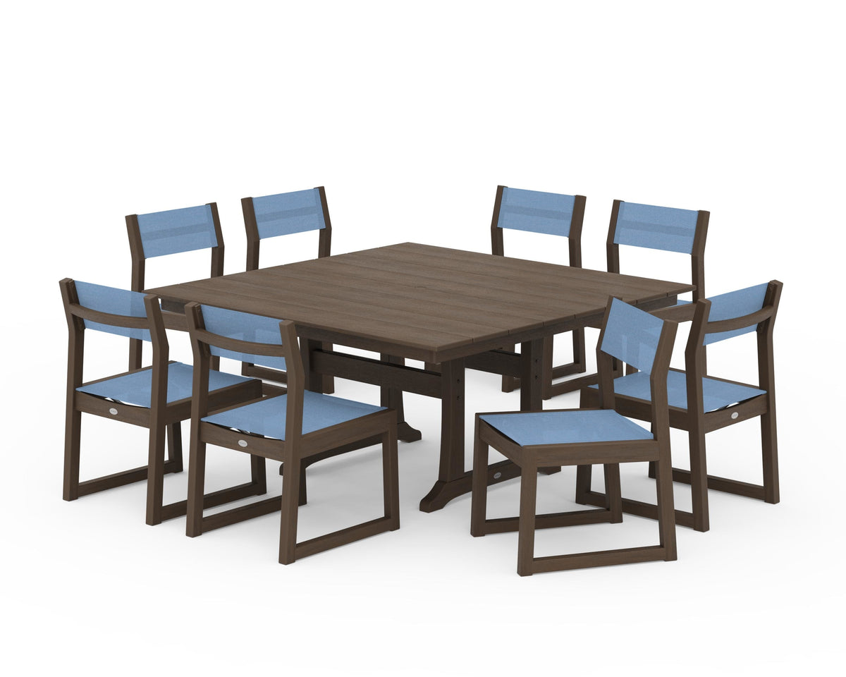 POLYWOOD EDGE Sling Side Chair 9-Piece Farmhouse Trestle Dining Set in Kona / Poolside