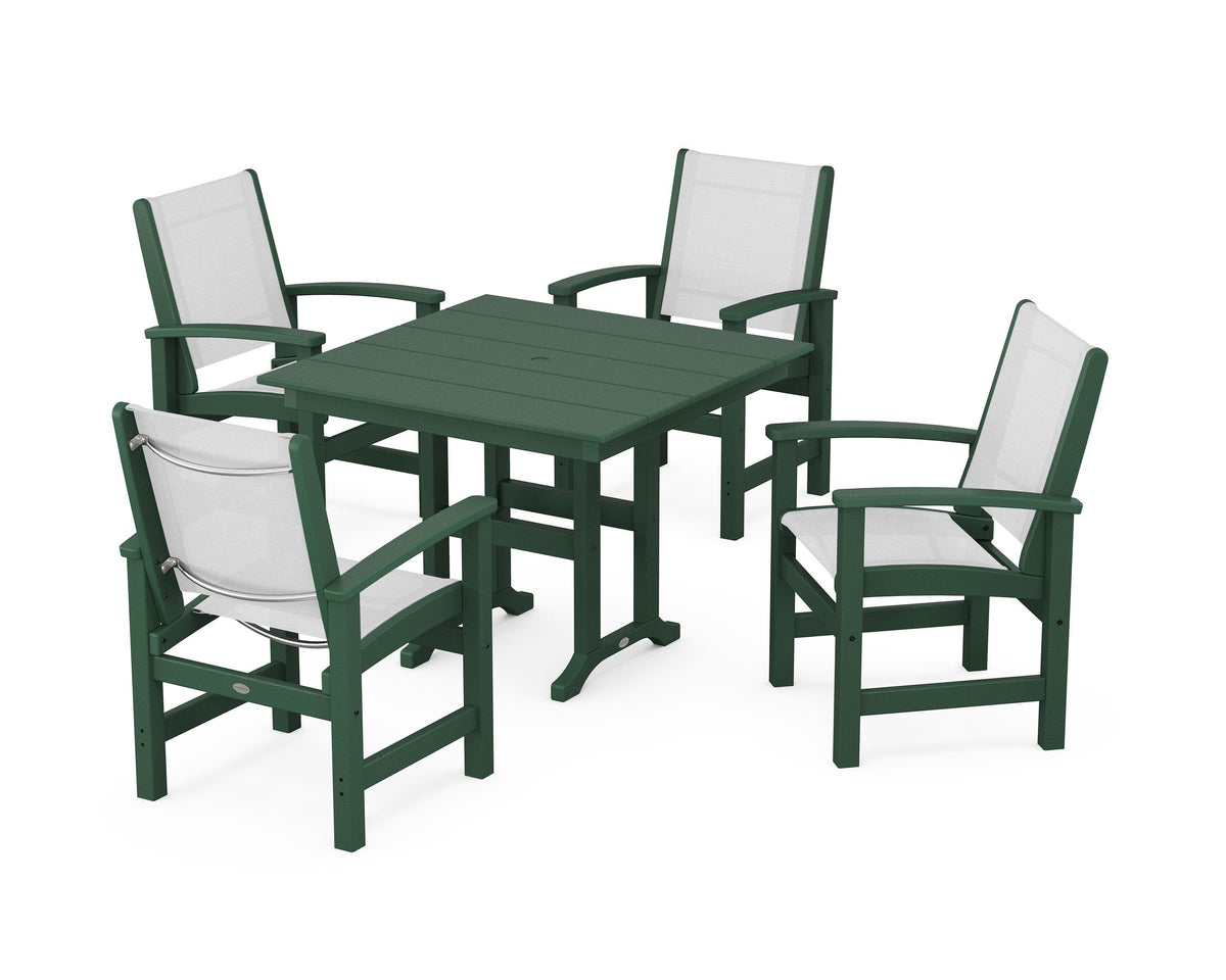POLYWOOD Coastal 5-Piece Farmhouse Dining Set with Farmhouse 37" Dining Table in Green / White