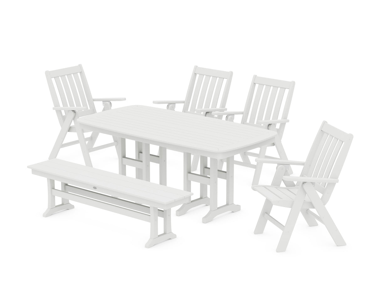 POLYWOOD Vineyard Folding Chair 6-Piece Dining Set with Bench in White