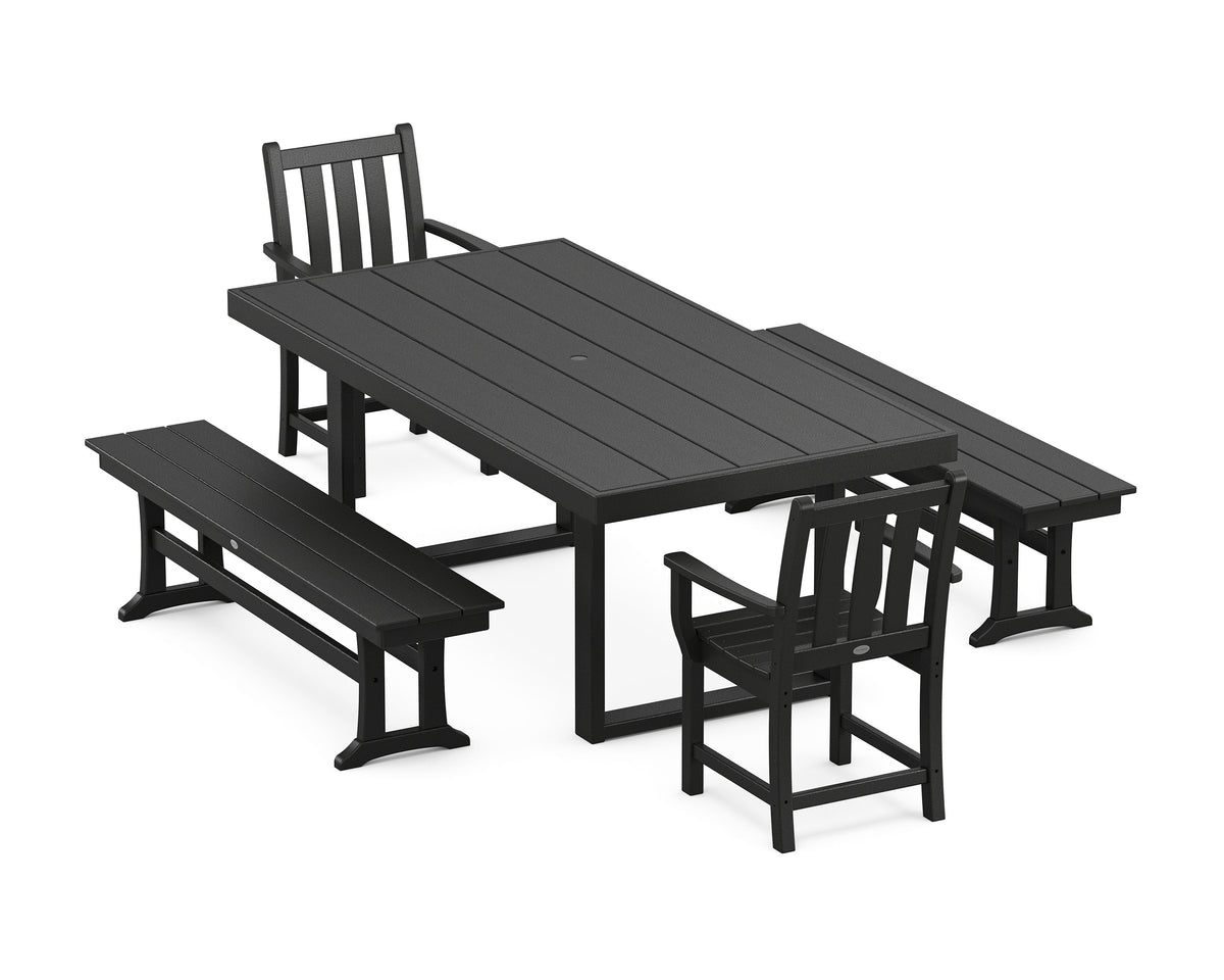 POLYWOOD Traditional Garden 5-Piece Dining Set with Benches - 39" x 78" Table in Black