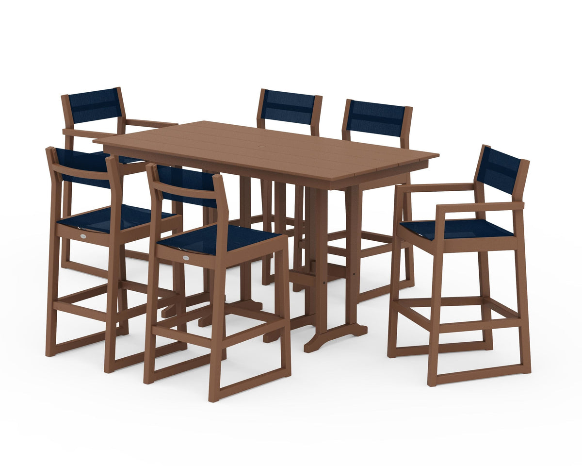 POLYWOOD EDGE Sling 7-Piece Farmhouse Bar Set in Teak / Navy Blue