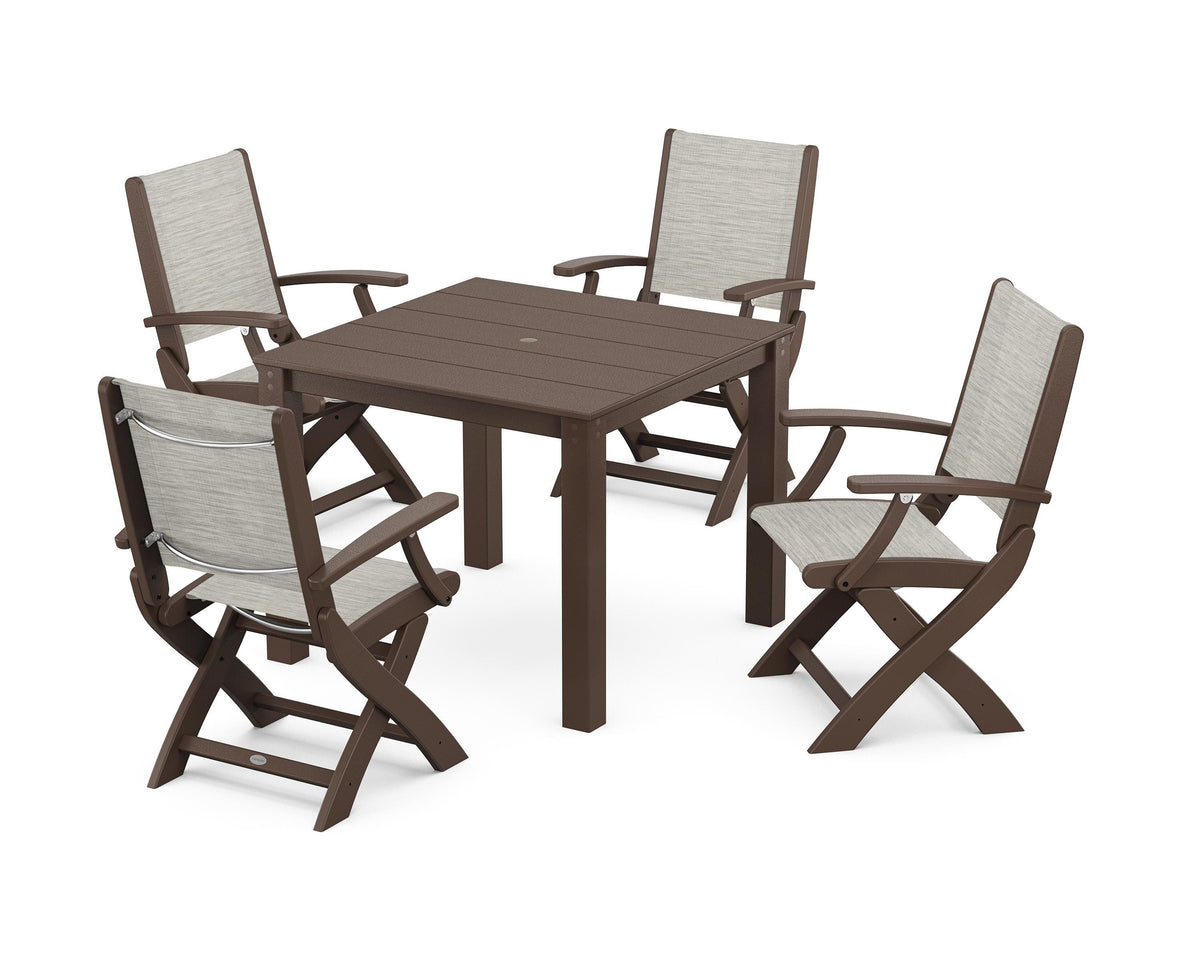 POLYWOOD Coastal Folding Chair 5-Piece Parsons Dining Set in Mahogany / Birch