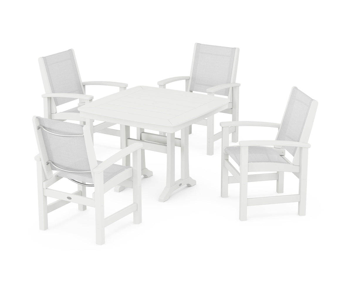 POLYWOOD Coastal 5-Piece Dining Set with Trestle Legs with Nautical Trestle 37" Dining Table in Vintage White / White