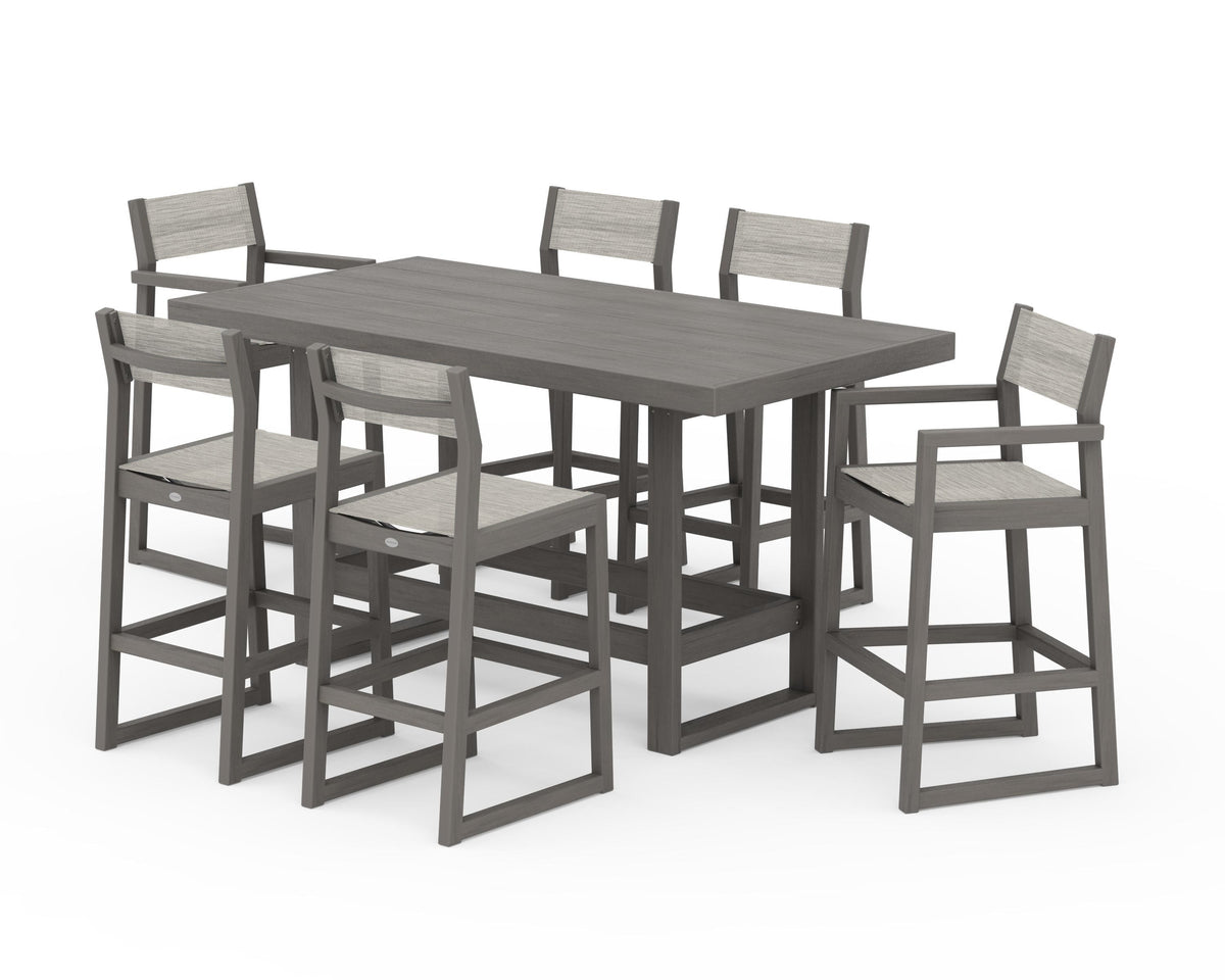 POLYWOOD EDGE Sling 7-Piece Bar Table Set in Driftwood / Birch