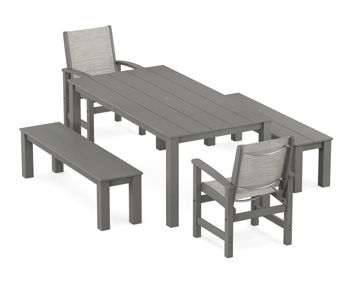 POLYWOOD Coastal 5-Piece Parsons Dining Set with Benches in Slate Grey / Birch