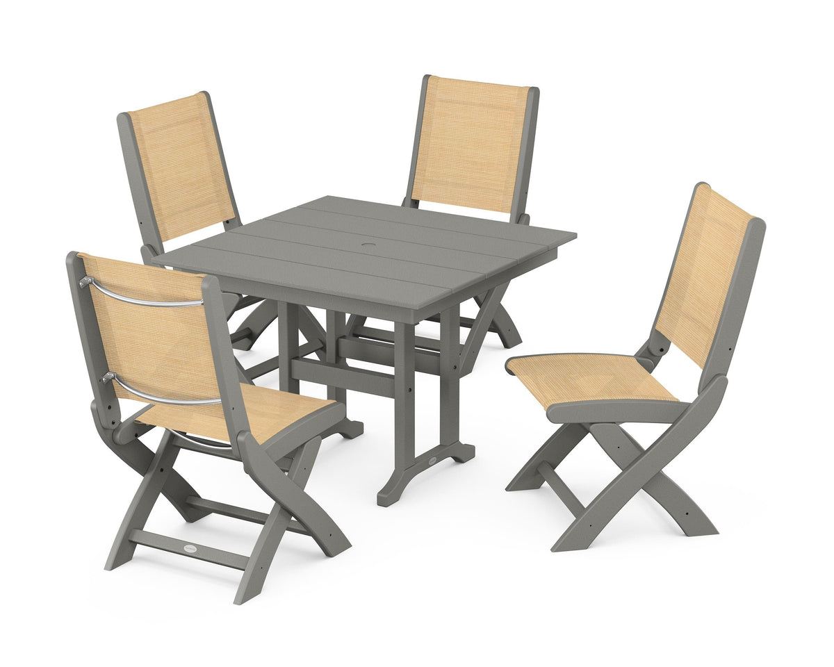 POLYWOOD Coastal Folding Side Chair 5-Piece Farmhouse Dining Set in Slate Grey / Dupioni Apricot