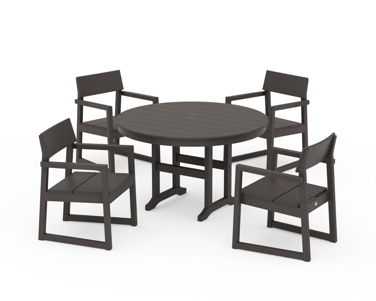 POLYWOOD EDGE 5-Piece Round Farmhouse Dining Set in Vintage Coffee