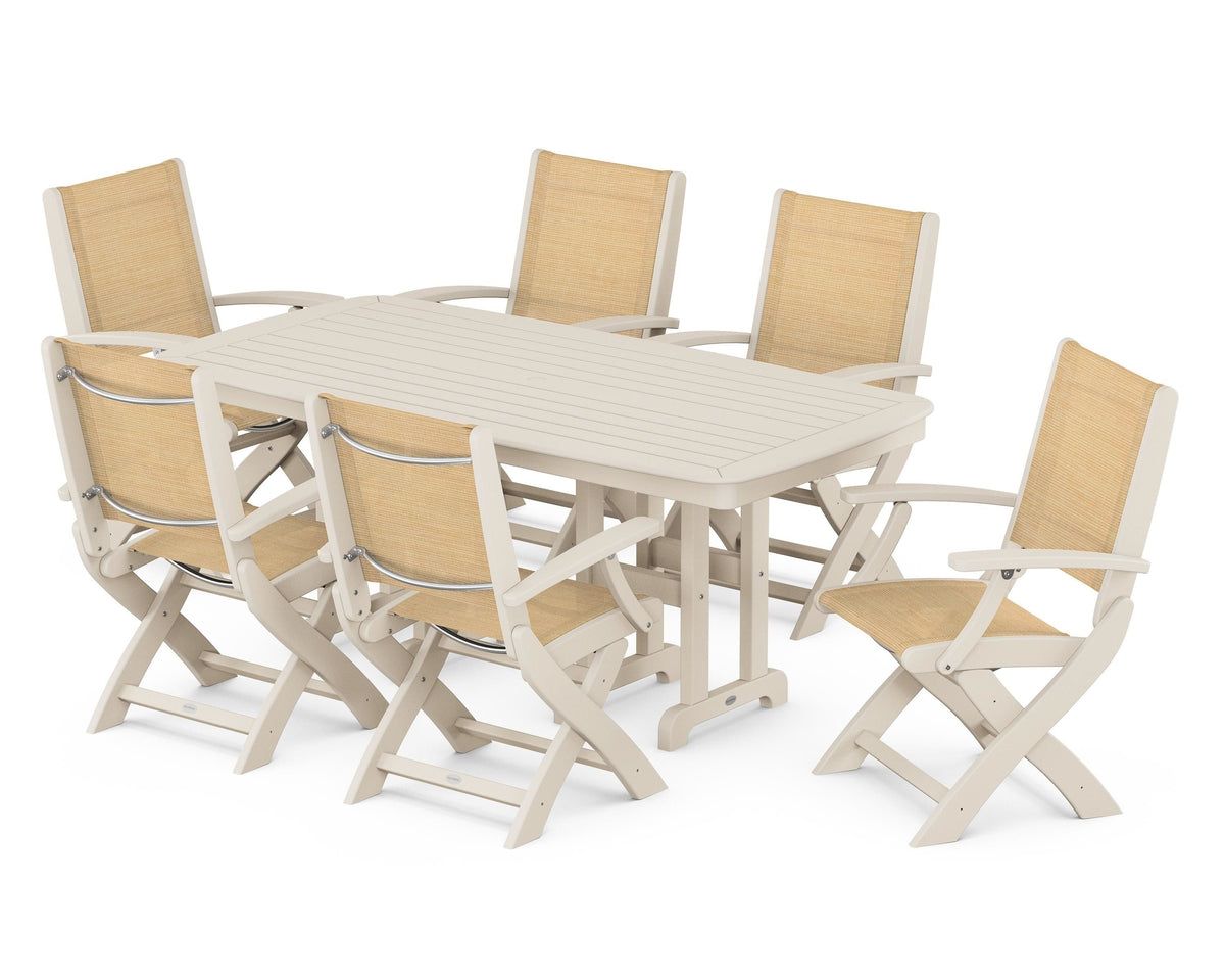POLYWOOD Coastal Folding Arm Chair 7-Piece Dining Set in Sand / Dupioni Apricot