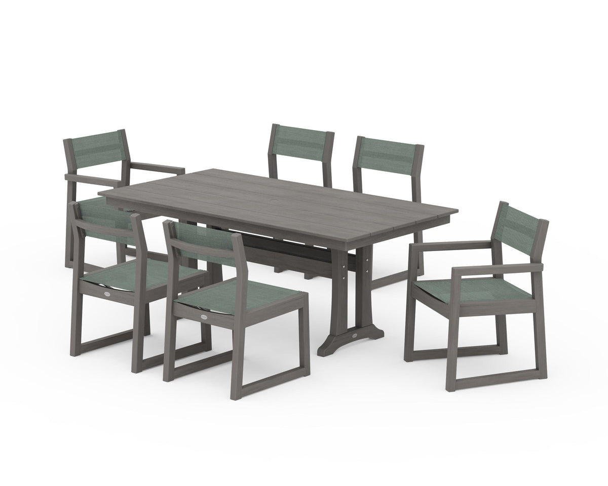 POLYWOOD EDGE Sling 7-Piece Farmhouse Trestle Dining Set in Driftwood / Dupioni Sea Mist