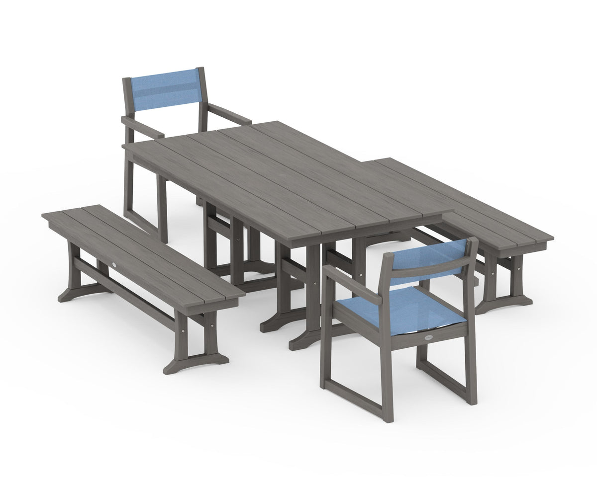 POLYWOOD EDGE Sling Arm Chair 5-Piece Farmhouse Dining Set with Benches in Driftwood / Poolside