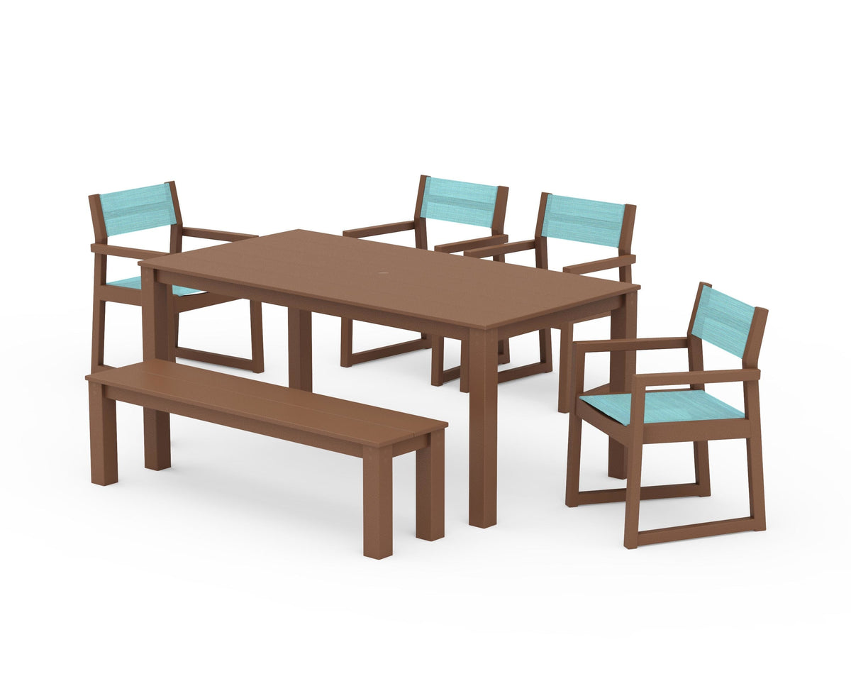 POLYWOOD EDGE Sling Arm Chair 6-Piece Parsons Dining Set with Bench in Teak / Dupioni Aquamarine