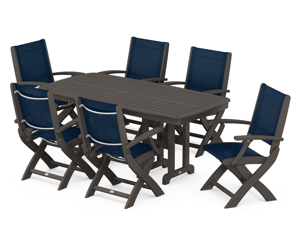 POLYWOOD Coastal Folding Arm Chair 7-Piece Dining Set in Vintage Coffee / Navy Blue