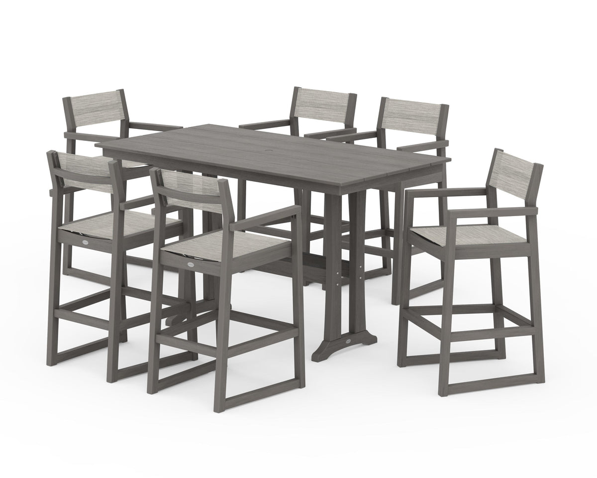 POLYWOOD EDGE Sling Arm Chair 7-Piece Farmhouse Bar Set with Trestle Legs in Driftwood / Birch