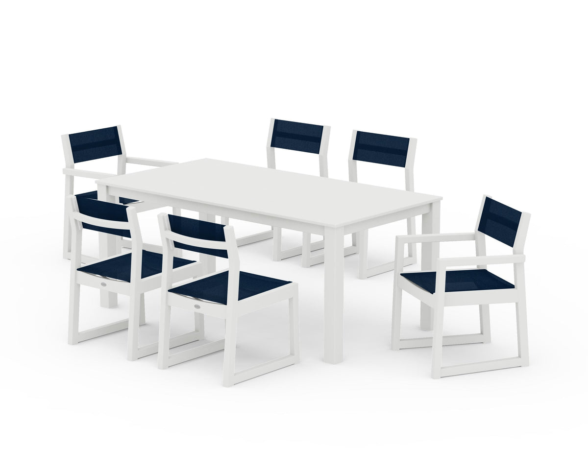 POLYWOOD EDGE Sling 7-Piece Parsons Dining Set in Vintage White / Navy Blue