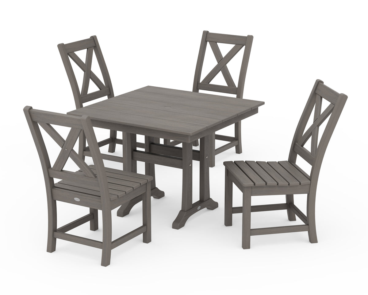 POLYWOOD Braxton Side Chair 5-Piece Farmhouse Dining Set with Trestle Legs in Driftwood
