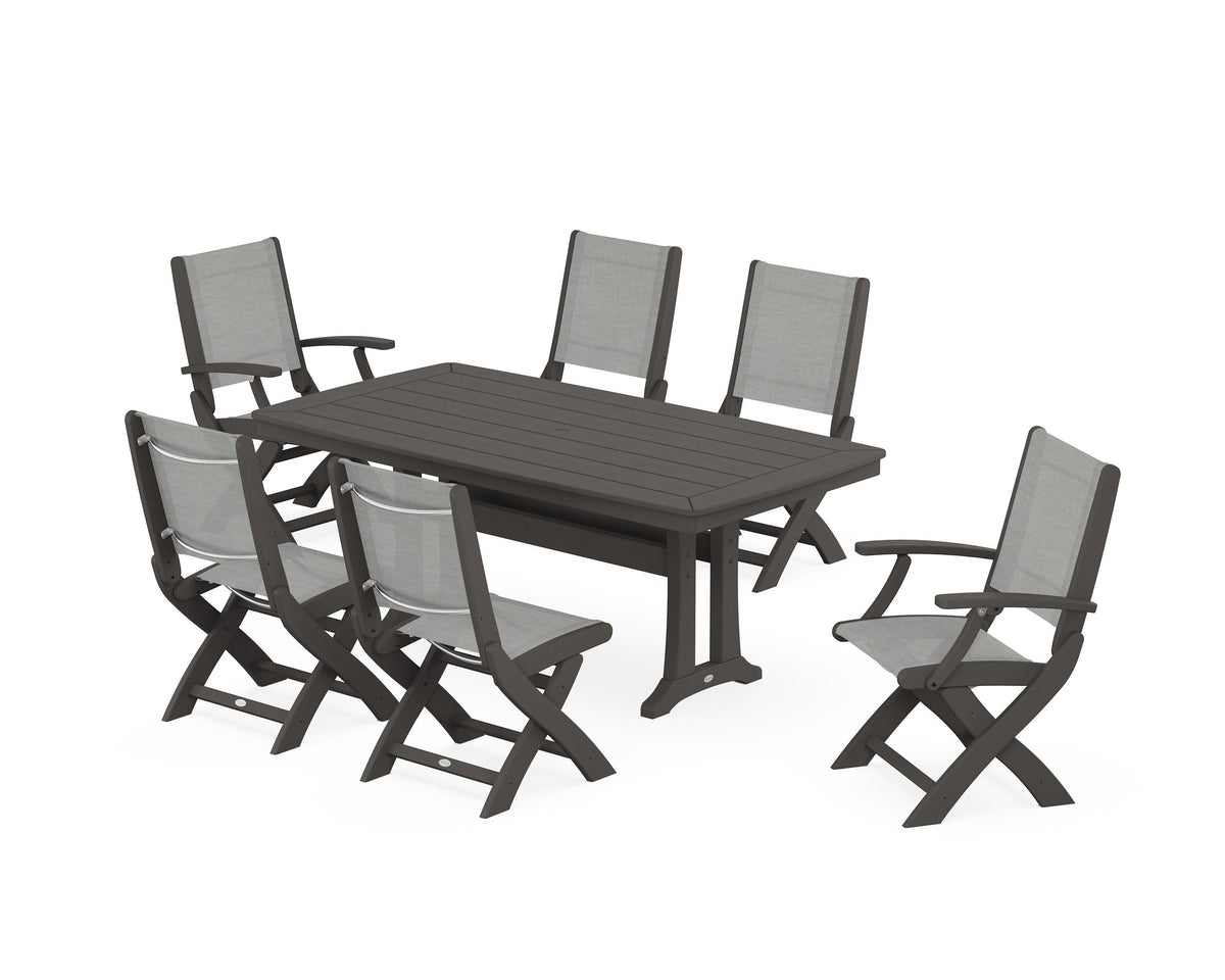 POLYWOOD Coastal Folding Chair 7-Piece Dining Set with Trestle Legs with Nautical Trestle 38" x 73" Dining Table in Vintage Coffee / Metallic