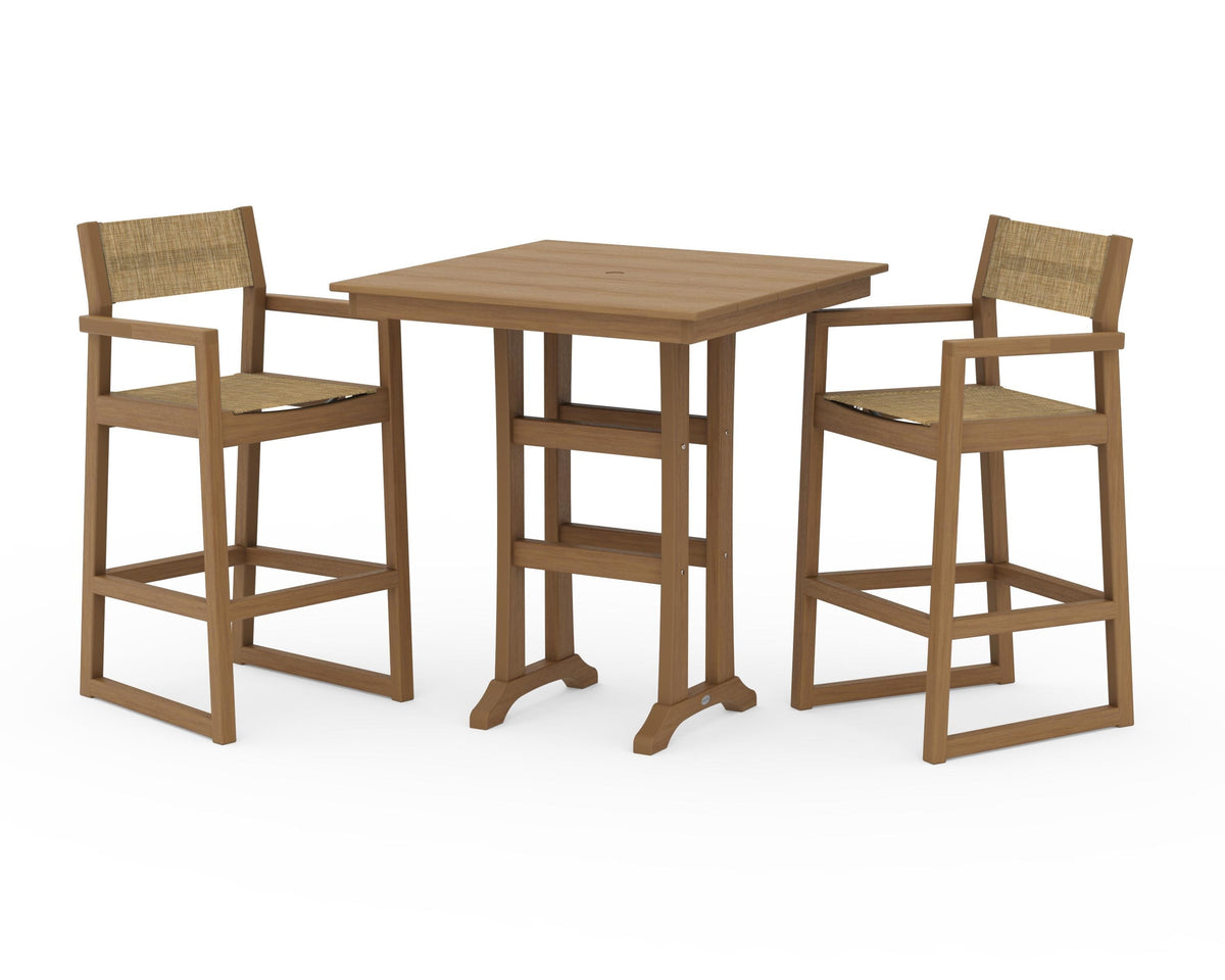 POLYWOOD EDGE Sling Arm Chair 3-Piece Farmhouse Bar Set with Trestle Legs in Natural / Burlap