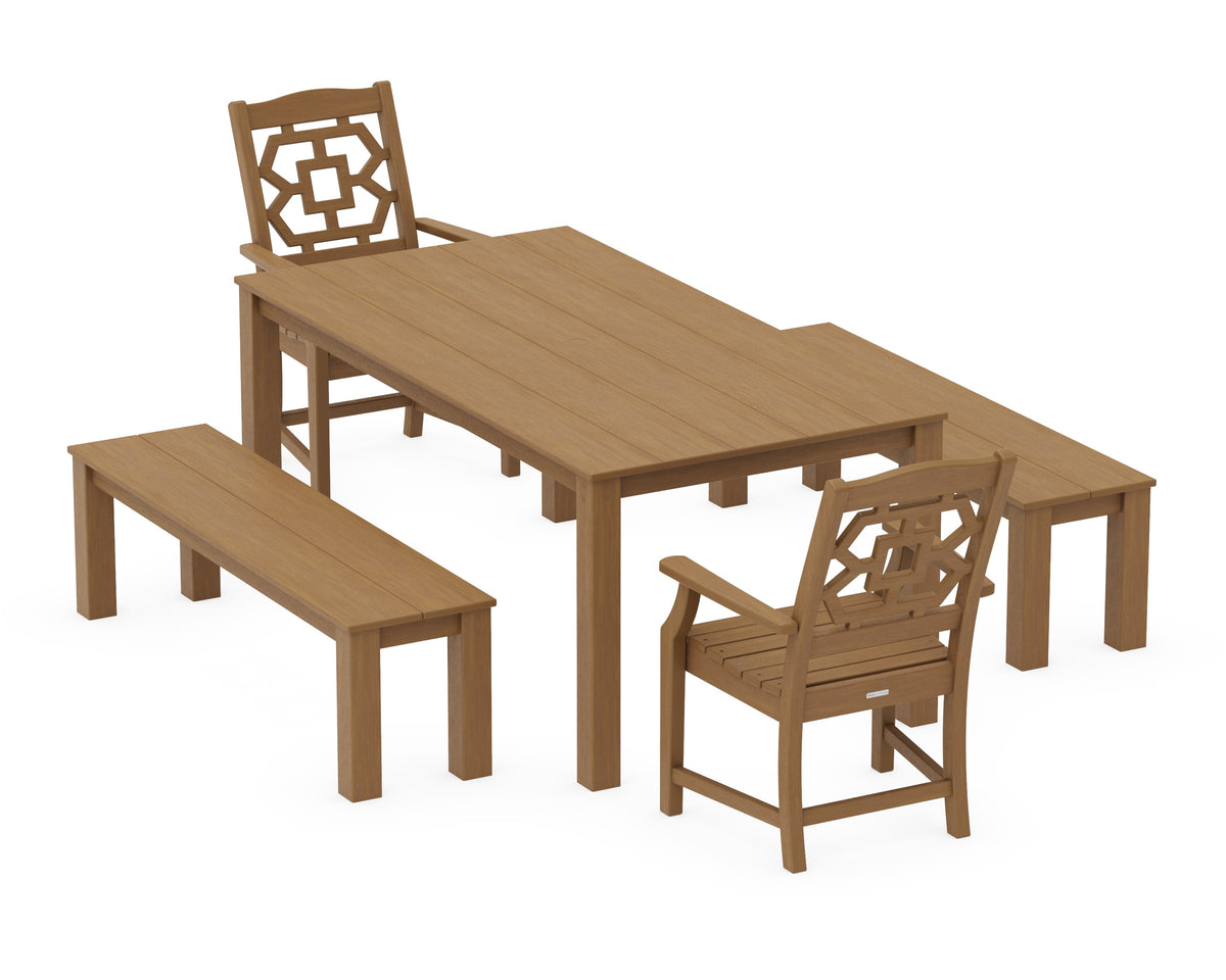 POLYWOOD Chinoiserie 5-Piece Parsons Dining Set with Benches in Natural