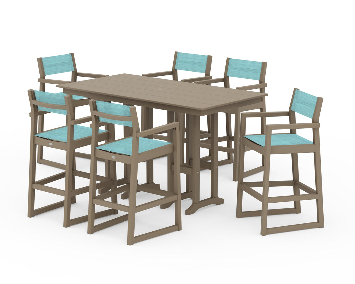 POLYWOOD EDGE Sling Arm Chair 7-Piece Farmhouse Bar Set in Vintage Sahara / Dupioni Aquamarine