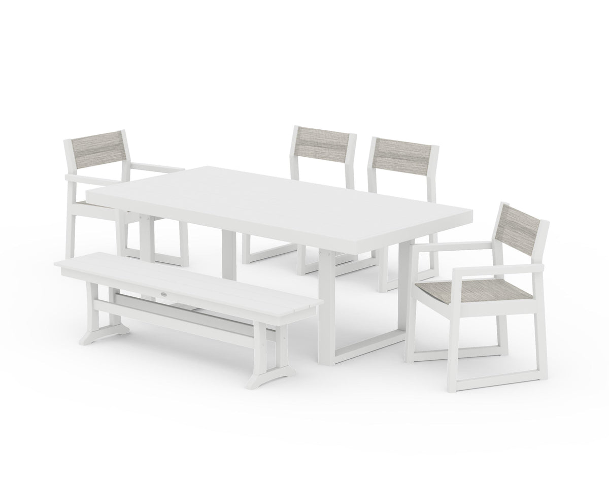 POLYWOOD EDGE Sling 6-Piece Dining Set with Bench in White / Birch
