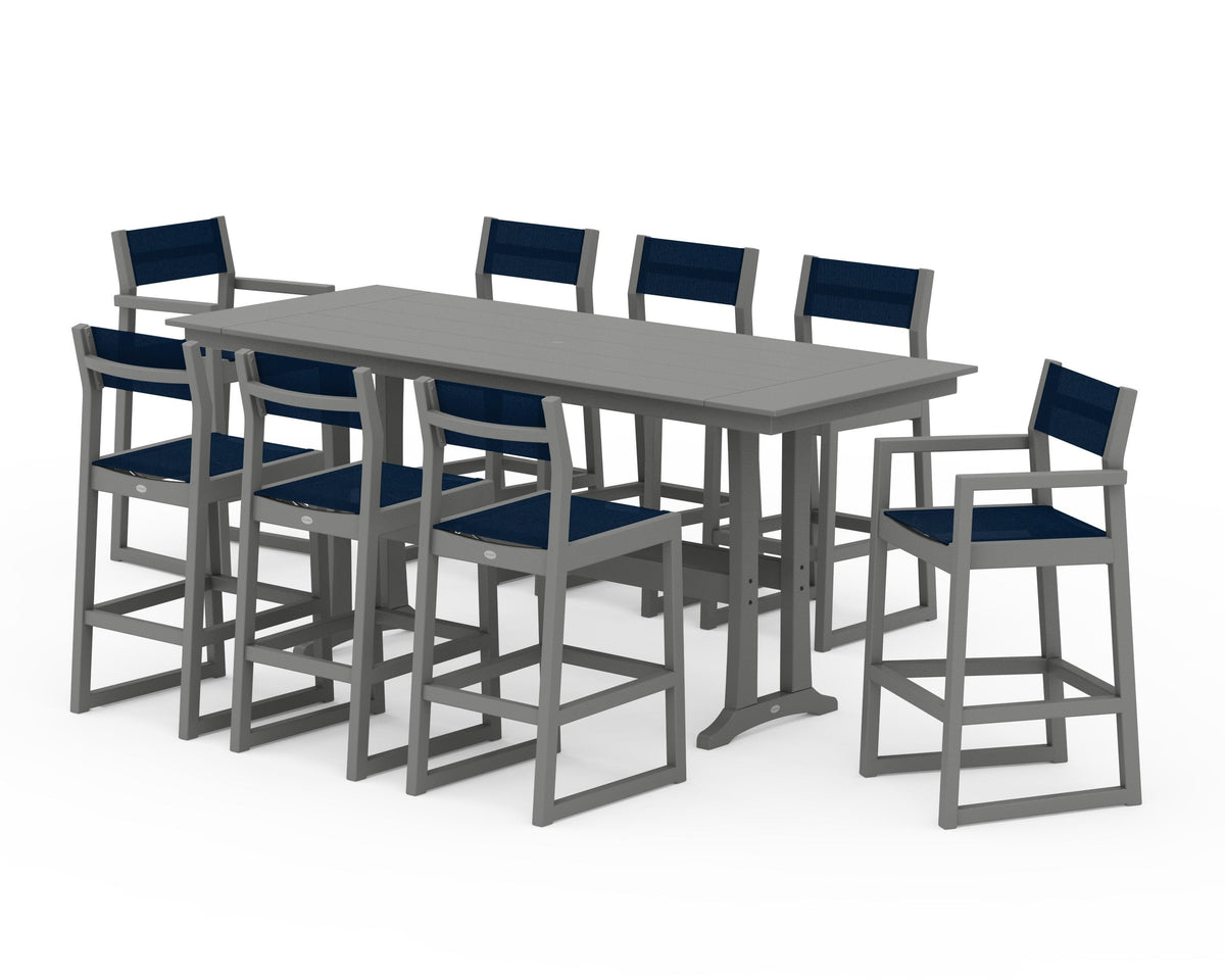 POLYWOOD EDGE Sling 9-Piece Farmhouse Bar Set with Trestle Legs in Slate Grey / Navy Blue