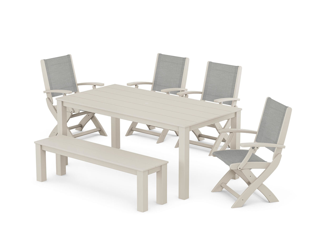 POLYWOOD Coastal Folding Chair 6-Piece Parsons Dining Set with Bench in Sand / Metallic