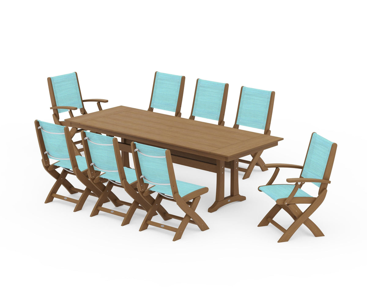 POLYWOOD Coastal 9-Piece Folding Dining Chair Farmhouse Dining Set with Trestle Legs in Natural / Dupioni Aquamarine