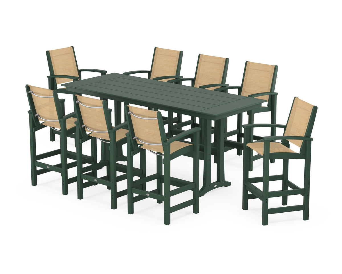 POLYWOOD Coastal 9-Piece Farmhouse Bar Set with Trestle Legs in Green / Dupioni Apricot