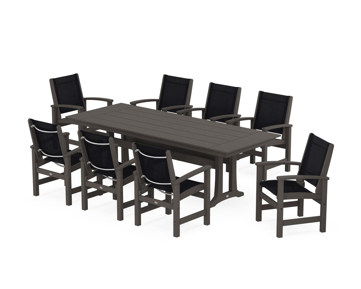 POLYWOOD Coastal 9-Piece Farmhouse Dining Set with Trestle Legs in Vintage Coffee / Black