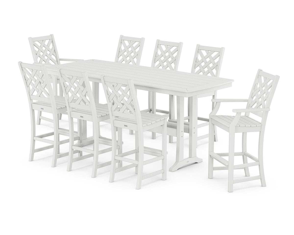 POLYWOOD Country Living Wovendale 9-Piece Bar Set with Trestle Legs in White