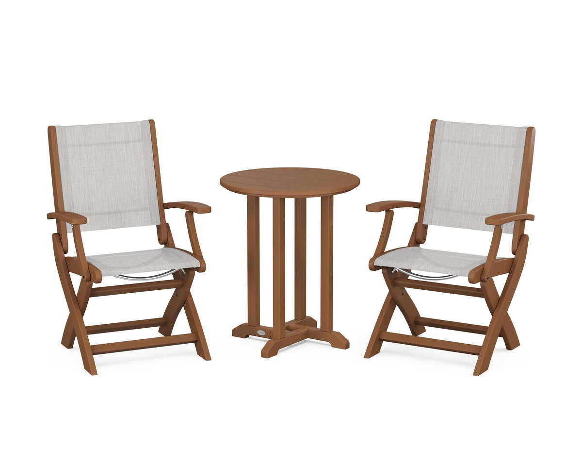 POLYWOOD Coastal Folding 3-Piece Round Bistro Dining Set in Teak / Parchment