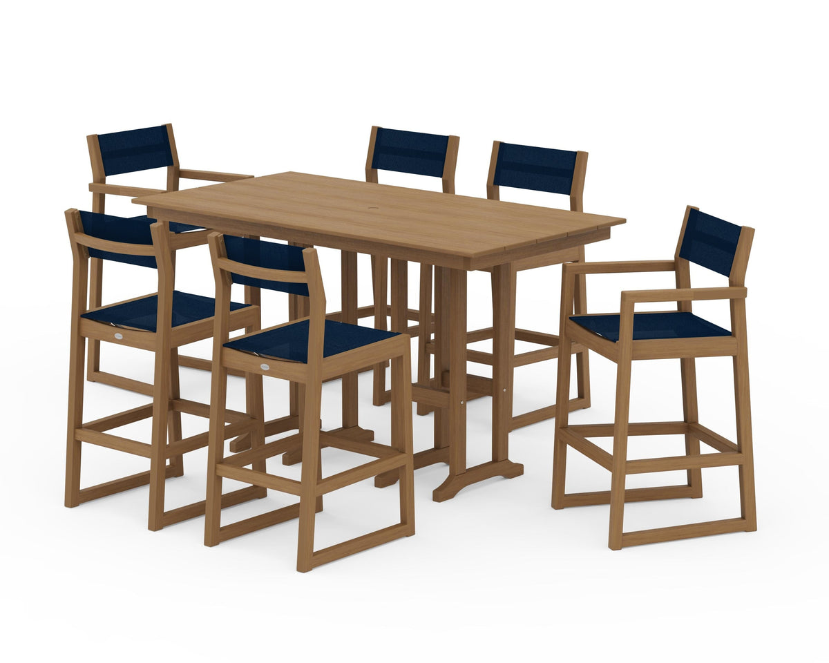 POLYWOOD EDGE Sling 7-Piece Farmhouse Bar Set in Natural / Navy Blue