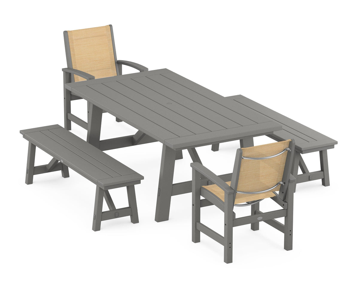 POLYWOOD Coastal 5-Piece Rustic Farmhouse Dining Set With Benches in Slate Grey / Dupioni Apricot
