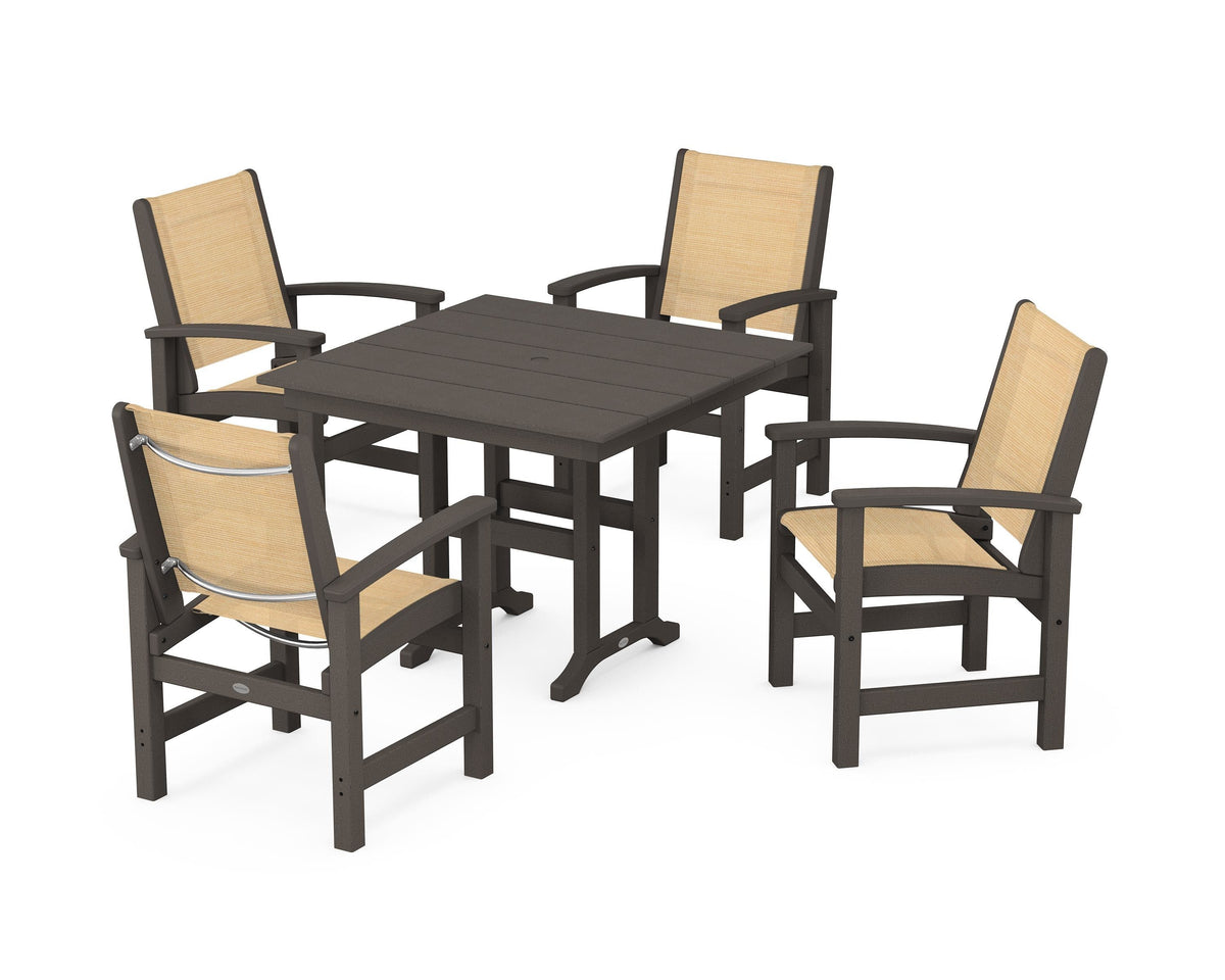 POLYWOOD Coastal 5-Piece Farmhouse Dining Set with Farmhouse 37" Dining Table in Vintage Coffee / Dupioni Apricot