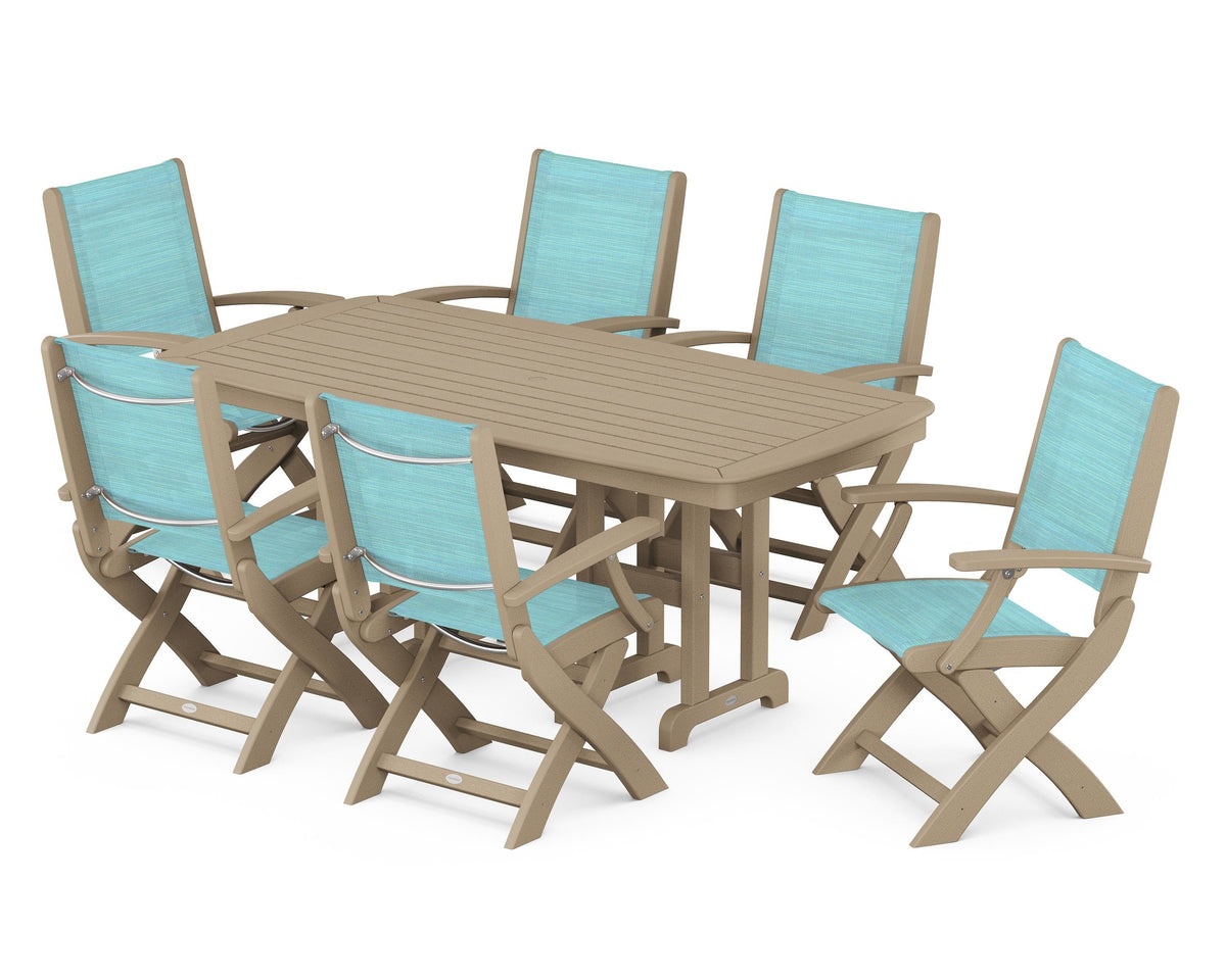 POLYWOOD Coastal Folding Arm Chair 7-Piece Dining Set in Vintage Sahara / Dupioni Aquamarine