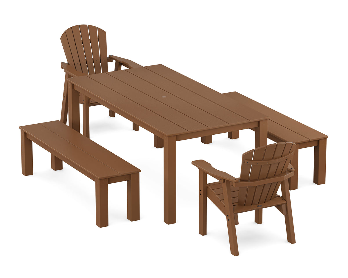 POLYWOOD Seashell 5-Piece Parsons Dining Set with Benches in Teak