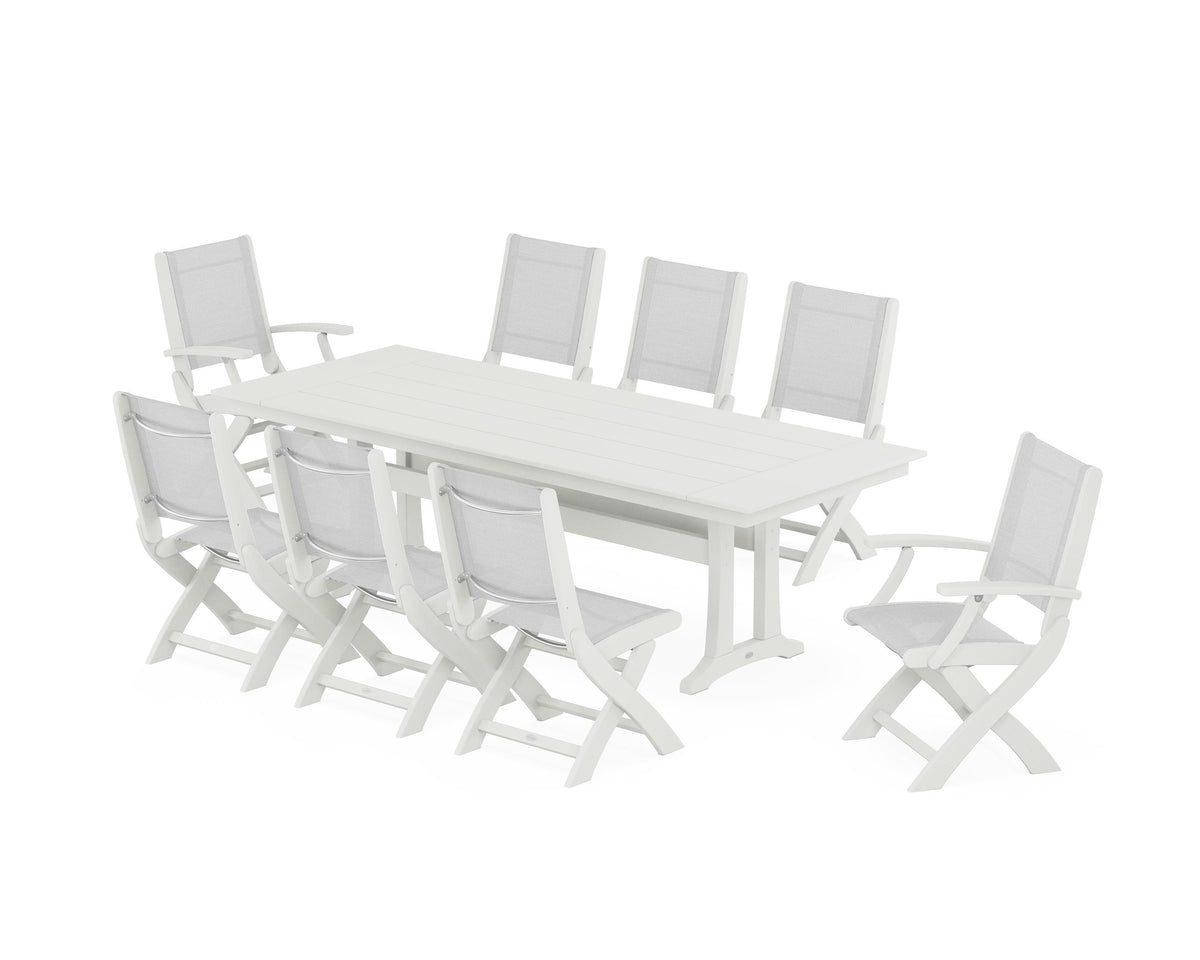 POLYWOOD Coastal 9-Piece Folding Dining Chair Farmhouse Dining Set with Trestle Legs in Vintage White / White