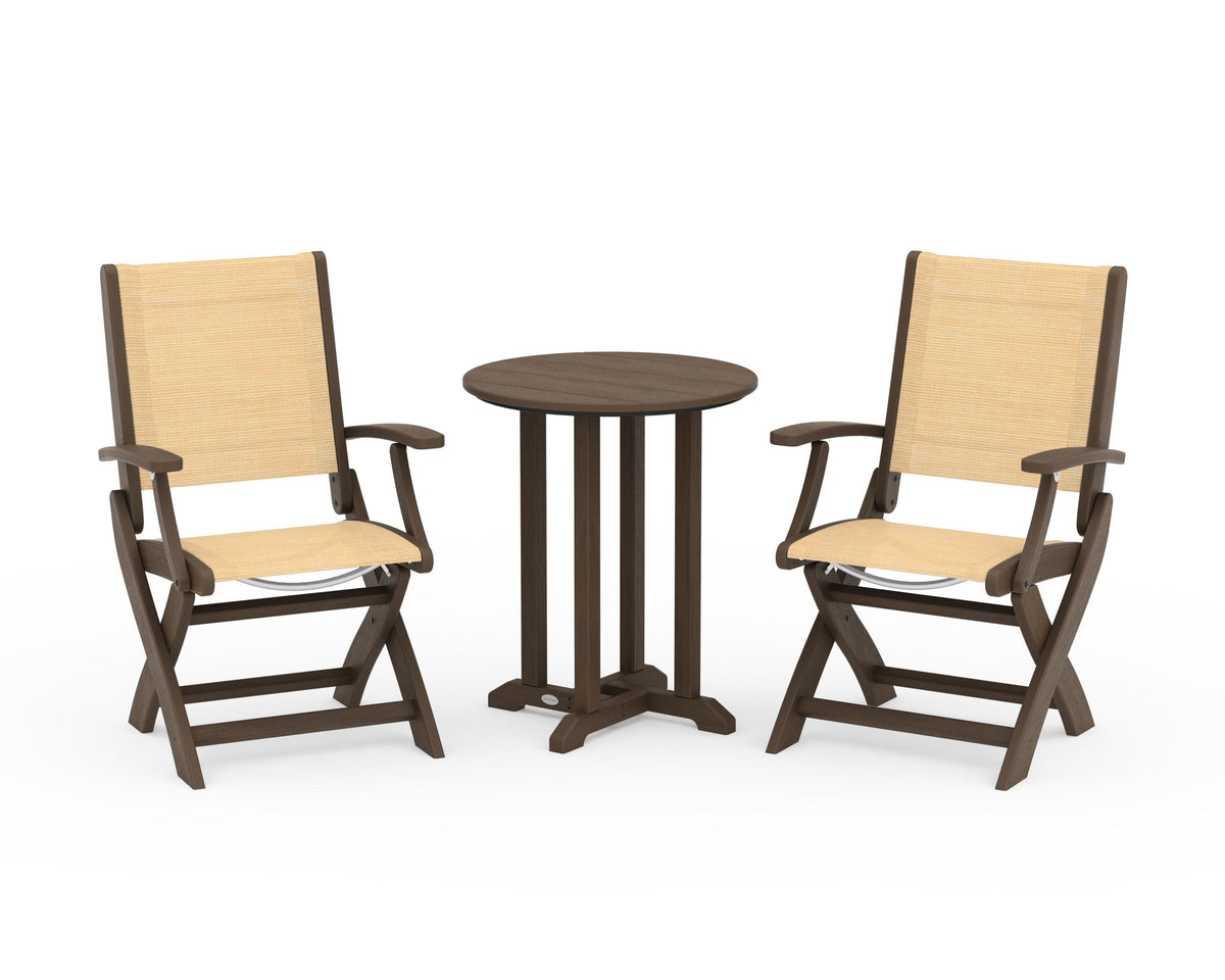 POLYWOOD Coastal Folding 3-Piece Round Bistro Dining Set in Kona / Dupioni Apricot