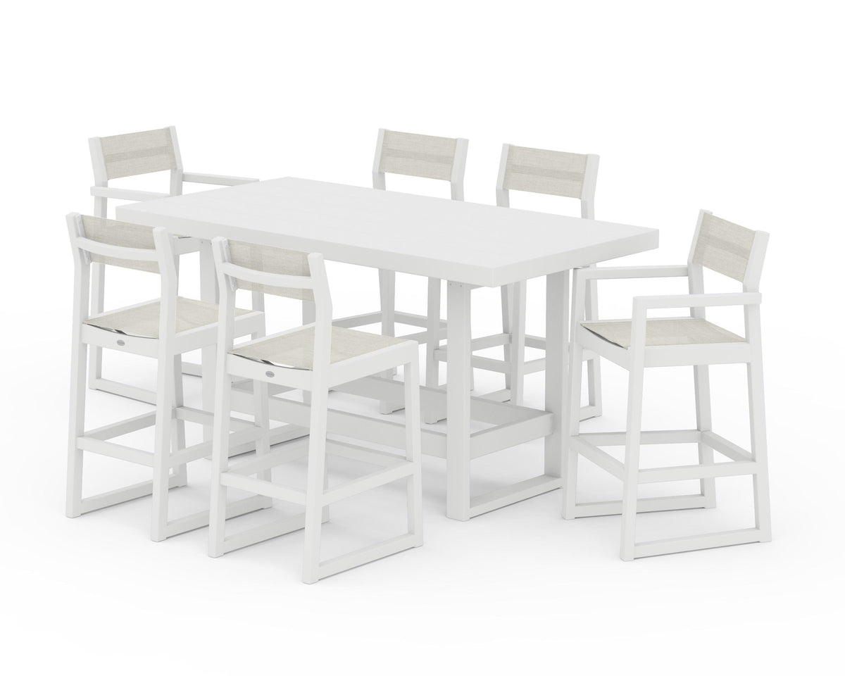 POLYWOOD EDGE Sling 7-Piece Bar Table Set in White / Parchment