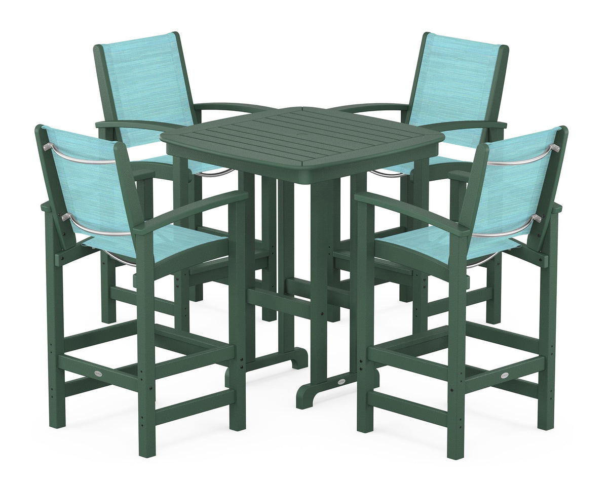 POLYWOOD Coastal 5-Piece Bar Set in Green / Dupioni Aquamarine